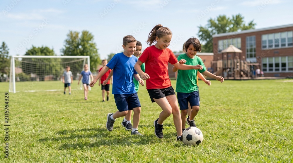 Obraz premium Diverse kids playing soccer with ball on grassy school field during recess.