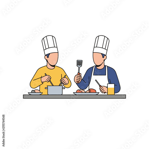 Vector illustration of diverse people preparing food in a modern communal kitchen facility with stainless steel appliances, fresh vegetables, cookware, and cutting boards on countertops.