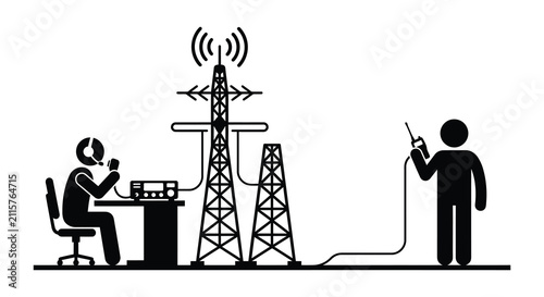 Fotografie Radio communication setup with tower operator and handheld transceiver silhouett
