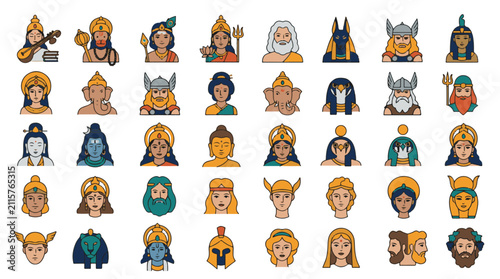 Deities and Mythological Gods Goddesses Avatars Vector Illustration Icon Set for Spiritual Design