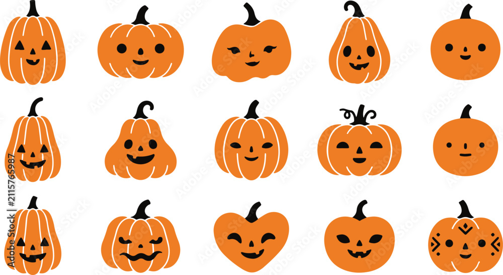 Fototapeta premium A collection of cute hand drawn pumpkin illustrations with various happy facial expressions arranged in a grid on white background