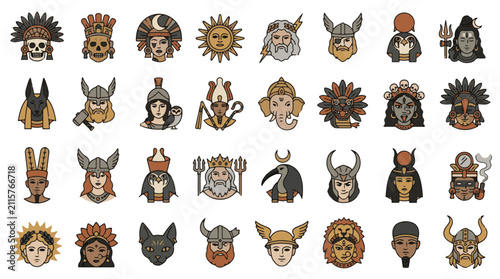 Mythology Diverse Gods and Goddesses Icons Set for Spiritual Cultural Projects