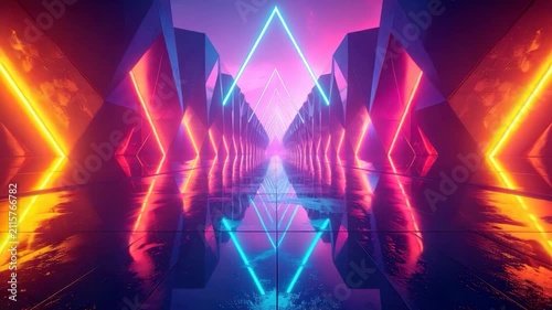 Illuminated geometric tunnel with reflective floor and vibrant colors
