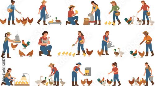 фотографія Female Farmers Feeding and Caring for Poultry Vector Character Set Featuring Wom
