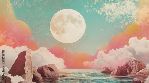 Surreal retro collage landscape with giant full moon over ocean. Abstract vintage nature background with rocks and pastel pink clouds. Aesthetic fantasy seascape.