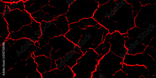 Abstract black background with red cracked texture. Minimalist ground fissure or volcanic magma lava crust crack patterns. Elegant horror, grunge, or dry land soil vector illustration.