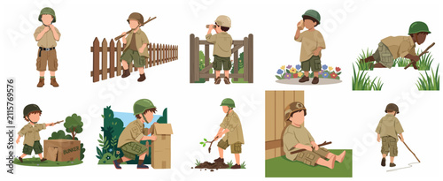 Konstfotografi Collection of little boy character playing soldier and army adventurer in the ba