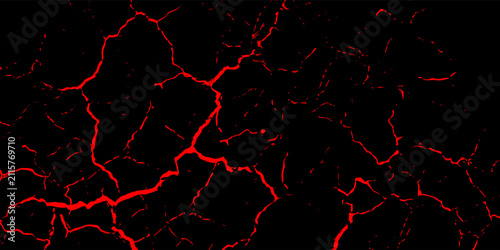 Abstract black background with red cracked texture. Minimalist ground fissure or volcanic magma lava crust crack patterns. Elegant horror, grunge, or dry land soil vector illustration.