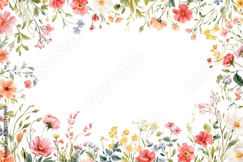 realistic watercolor style vector illustration of spring flowers, wild plants, leaves and blossoms arranged around empty center space, soft artistic textures, elegant floral artwork