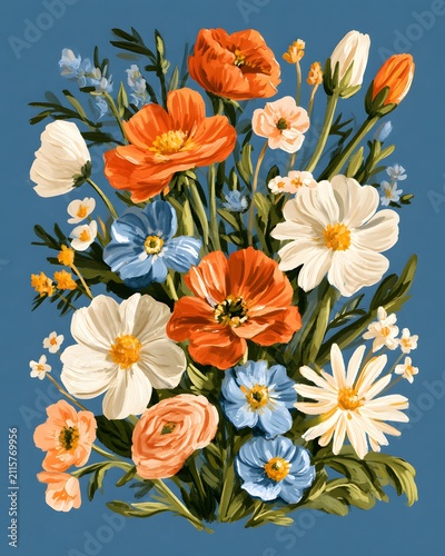 realistic gouache inspired vector illustration featuring colorful floral arrangement, hand painted texture, contemporary editorial style, decorative botanical composition, premium commercial design