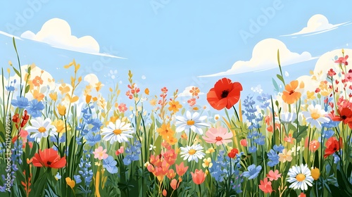 realistic vector illustration of blooming spring meadow with colorful flowers, foliage and decorative botanical details, clean flat illustration, contemporary branding style