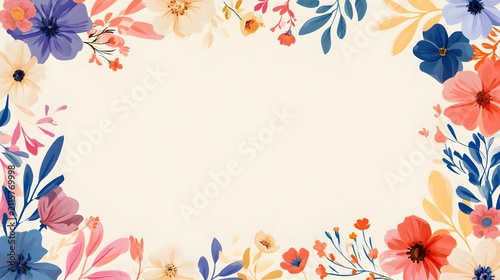 realistic premium vector illustration of colorful floral frame with modern botanical elements, organic leaves, blooming flowers and elegant negative space, Scandinavian inspired decorative artwork