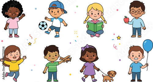 Obraz na płótnie Cute Kawaii Diverse Children Character Vector Illustration Set Playing Soccer Re