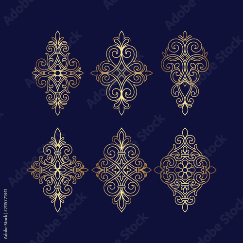 Gold ornamental cross and diamond vector elements on dark navy background, decorative vintage luxury design elements for branding artwork