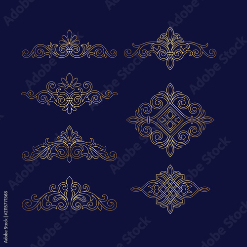Gold ornamental divider and flourish vector elements on dark navy background, decorative luxury design elements for branding and print
