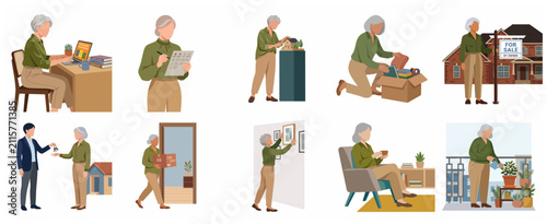 Konstfotografi Senior woman downsizing and moving into a new home flat vector illustration set