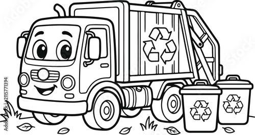 Cartoon garbage truck with smiling face and recycling bins vector illustration for children