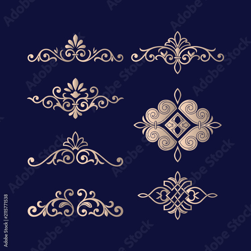 Gold ornamental divider and flourish vector elements on dark navy background, decorative vintage design elements for luxury branding art