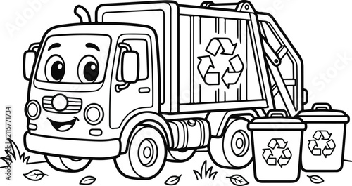 Cartoon garbage truck with recycling symbol and bins outlined in black and white vector illustration