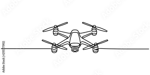 Continuous single line drawing of a flying drone quadcopter with camera Vector, illustration