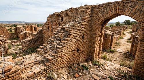 Ancient Brick Ruins with Arched Passageway in Desert Landscape