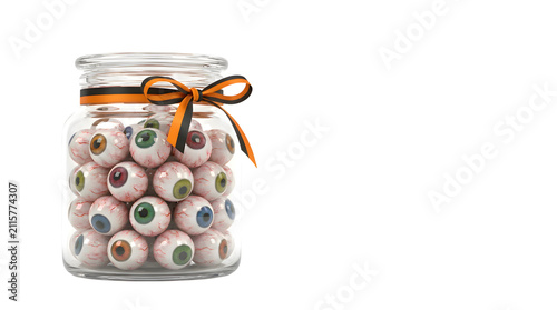 Spooky Halloween candy eyeballs in a glass jar, a fun and eerie treat for trick-or-treaters. Creepy sweet confections, perfect for festive party decorations and ghoulish holiday celebrations.