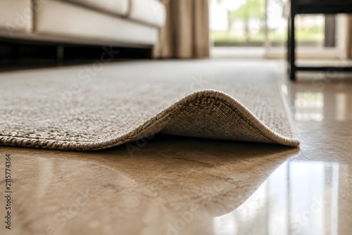 Loose rug corner creating trip hazard on polished living room floor, household accident prevention awareness