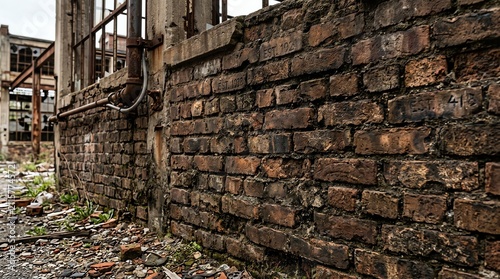Old Brick Wall with Rusted Industrial Pipes in Urban Setting