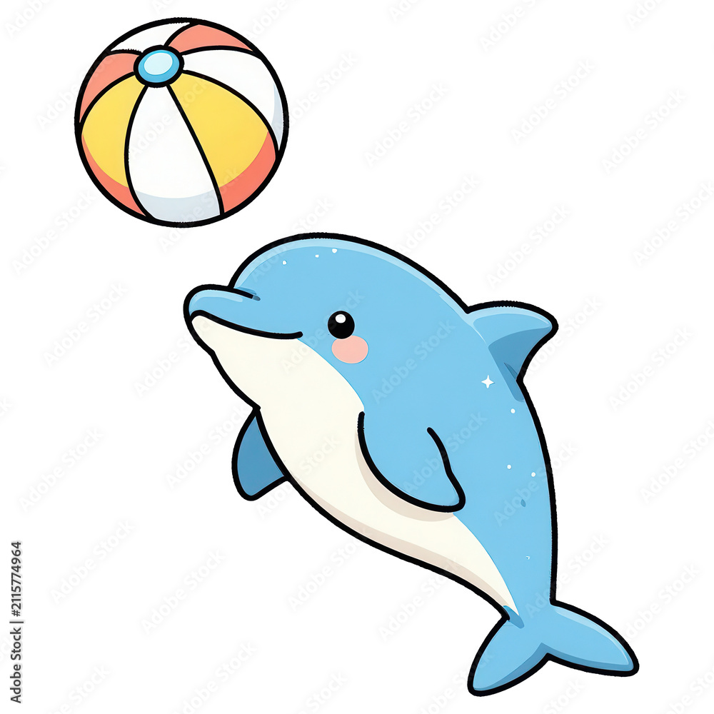 Naklejka premium Dolphin Playing with Beach Ball: A cute, cartoon-style blue dolphin is jumping out of the water to play with a colorful beach ball in a simple, playful scene.