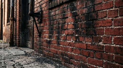 Old Brick Wall with Black Metal Pipe and Cracked Pavement in Urban Alleyway