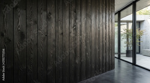 Modern Interior with Black Wooden Wall and Glass Sliding Doors in Bright Space