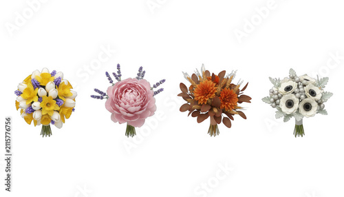 Set of Four Beautiful Colorful Floral Wedding Bouquets