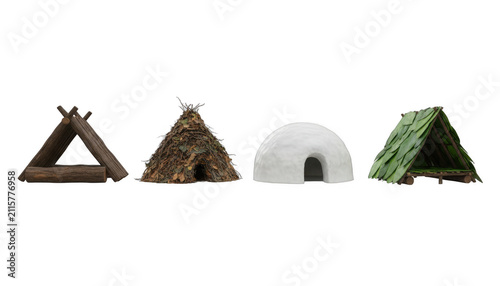 Set of Four Different Primitive Shelters and Dwellings