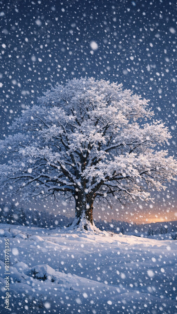 Fototapeta premium A peaceful night scene of falling snow around a lone tree. A serene, picturesque winter landscape.
