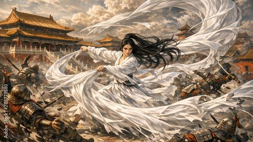 The image depicts a warrior in a historical fantasy setting, with dynamic action and intricate detail.