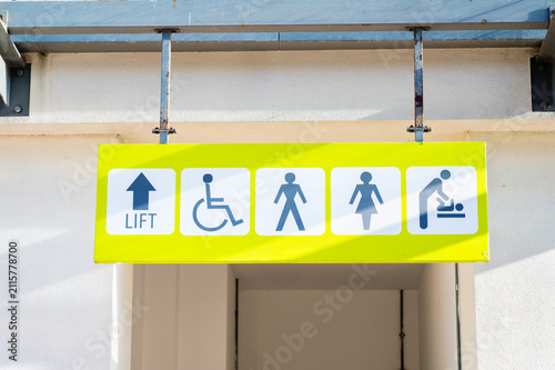 Public facility entrance sign with accessibility restroom and baby changing symbols