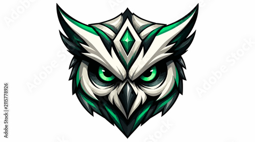 Bild auf Leinwand Stylized Owl Head Emblem with Green Eyes and Geometric Accents.