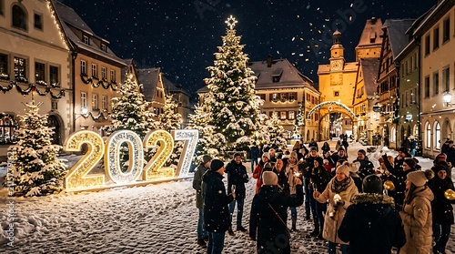 Crowd celebrating 2027 new year in snowy old town square with illuminated year sign and fireworks display.