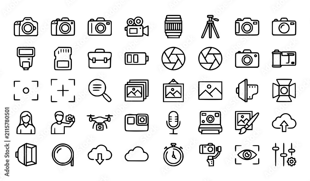 Fototapeta premium Photography Thin Line Icons Set with Camera Studio Photo and Video Equipment Vector Illustration