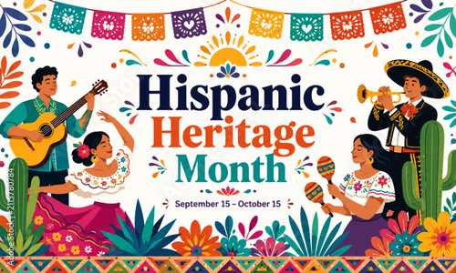 Hispanic Heritage Month Celebration Banner with Traditional Latin Culture Flat Vector Illustration