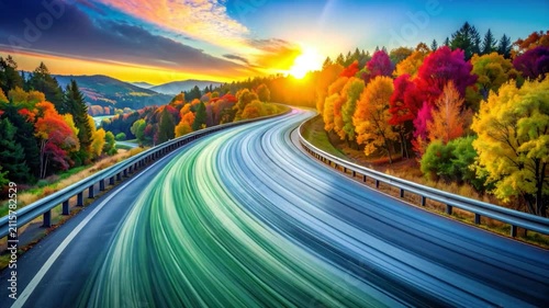 A vibrant road through a colorful forest at sunset, painted with rainbow hues
