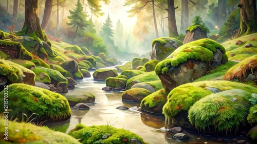 Watercolor-style painting of a peaceful forest stream with moss-covered rocks