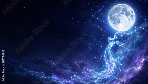 Glowing Aquarius Full Moon and Cosmic Water Background