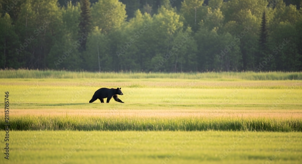 Obraz premium Majestic wild black bear walking across a vast green meadow