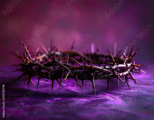 A crown of thorns is displayed against a vibrant purple background.