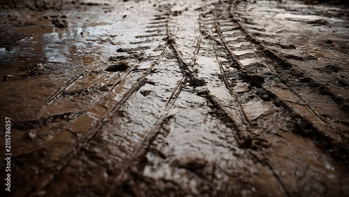 Heavy vehicle tire impressions on muddy terrain with wet soil and construction road textures, 