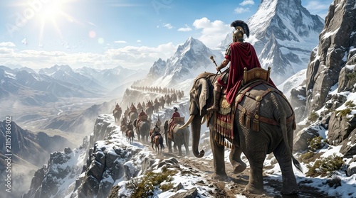 The strategic conquest of the Alps by Hannibal Barca and his army of elephants in the sunlight.