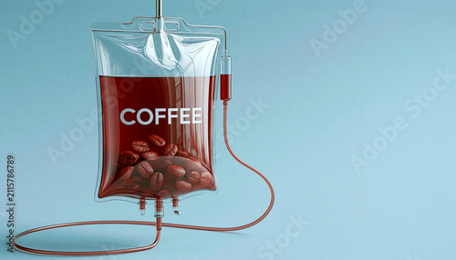 Coffee IV drip bag with roasted coffee beans and caffeine infusion concept on pastel blue background, humorous coffee addiction and energy boost illustration
