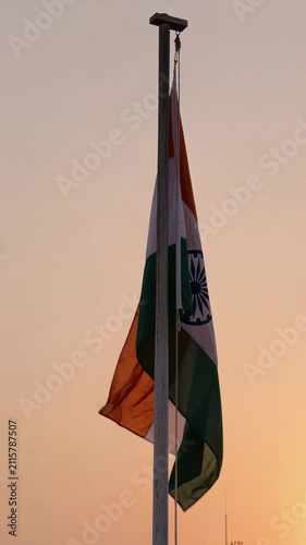 Indian Flag Waving at Sunset, Silhouette Vertical 4K
