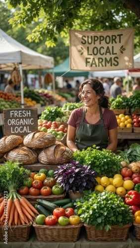 Cheerful woman at farmers market surrounded by fresh organic produce and support local farms sign